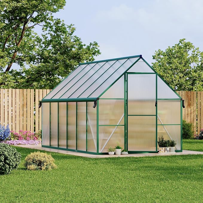 GarveeLife 8X12FT Polycarbonate Greenhouse with Aluminum Frame, Polycarbonate Greenhouse for Outdoors, Greenhouses with Ventilation and Rain Gutter, Aluminum Large Walk-in Greenhouses for Outside