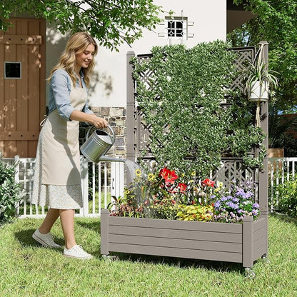 Fancyango Raised Garden Bed with Wheels 61.2" H -Gray | Resin Elevated Garden Planter Box with Trellis, Outdoor Planter Box for Veggies Herbs Patio Balcony Backyard