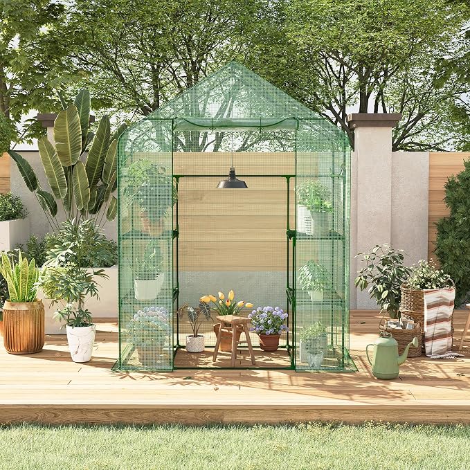 Garvee 57X29x77-Inch Greenhouse, Transparent Mini Walk-in Green House with PE Cover and Anchor, Plant Garden Hot House 3 Tiers 4 Shelves for Indoor Backyard Outside