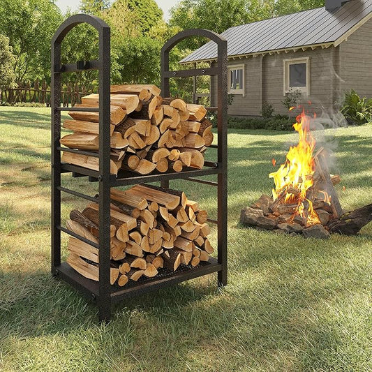 GarveeLife 30 Inch Firewood Rack Outdoor Indoor, High Outdoor Wood Racks for Firewood, Fire Wood Storage with Kindling Hooks, Large Metal Fireplace Log Rack Storage Carrier Organizer, Copper