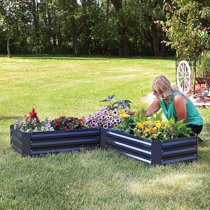 Sunnydaze Galvanized Raised Garden Bed Kit - 5x5x1 ft Outdoor Raised Garden Bed - Metal Planter Box for Vegetables, Flowers, Herbs - Dark Gray - L-Shaped