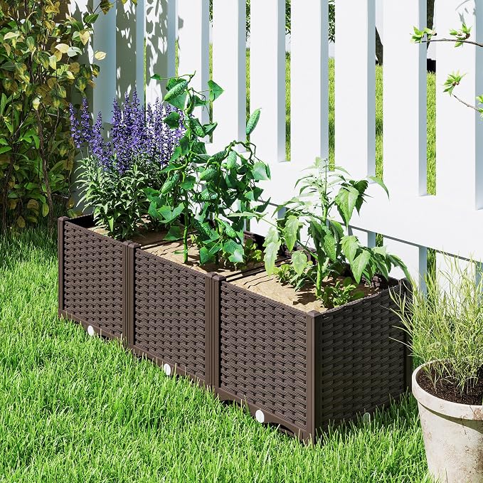 Outsunny Plastic Raised Garden Bed, 47.2" x 15.7" x 14.6" Outdoor Planter Box with Drainage Holes for Garden, Patio, Balcony, Deck, Brown