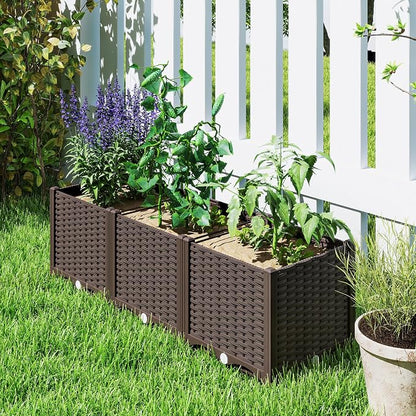 Outsunny 4 x 1 x 1 ft Raised Garden Bed, Indoor Outdoor Plastic Planter Box with Drainage Holes, Drain Plugs and Water Reservoirs for Vegetables, Herbs, Flowers & Succulents, Brown