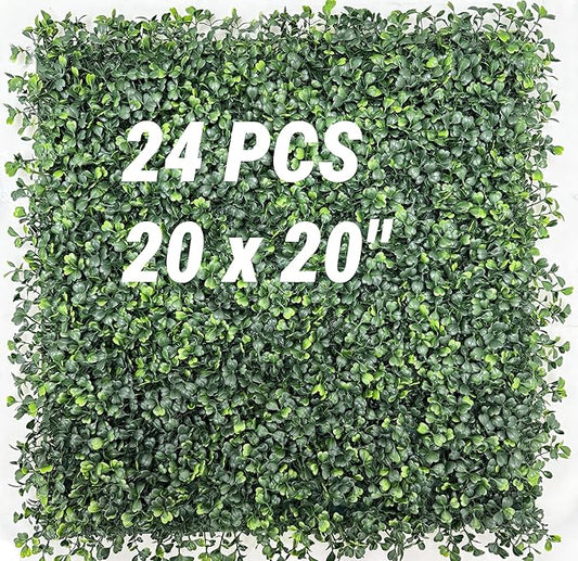 Boxwood Panels 24 Pcs 20"x20" Grass Wall Privacy Screen for Fence | Grass Wall Panels UV Resistant Artificial Boxwood Hedge Panels for Commercial Restaurant Deck.Indoor Outdoor Party