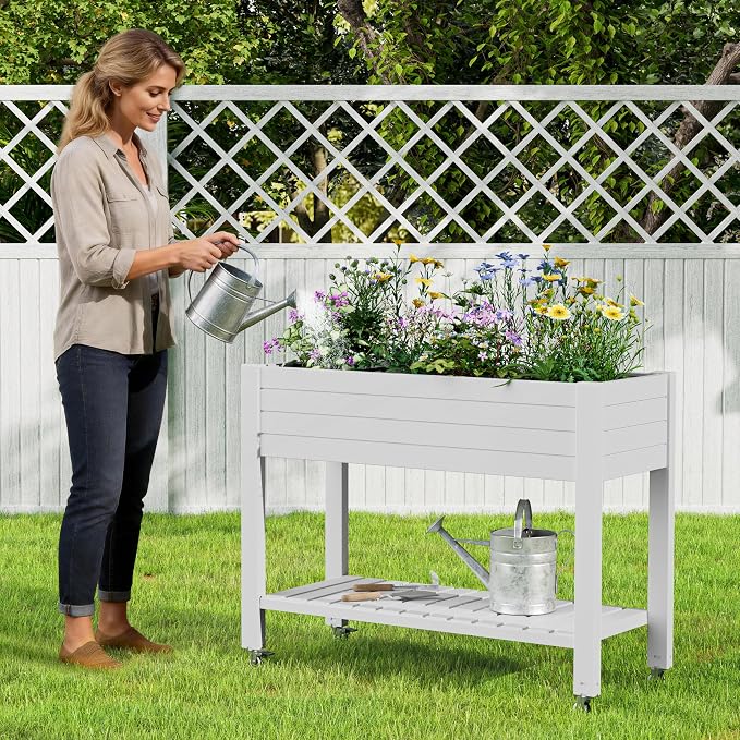 Elevate 33.7" Tall Raised Garden Bed with Wheels, Divisible Resin Planter Box with Drainage Gauge & Storage Shelf, Herb Planter for Garden Patio Backyard, Ashen (33.7" h)