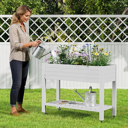Elevate 33.7" Tall Raised Garden Bed with Wheels, Divisible Resin Planter Box with Drainage Gauge & Storage Shelf, Herb Planter for Garden Patio Backyard, Ashen (33.7" h)