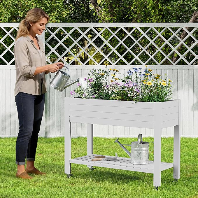 33.7" Tall Raised Garden Bed with Wheels, Divisible Resin Planter Box with Drainage Gauge & Storage Shelf, Herb Planter for Garden Patio Backyard, Medium Ashen (33.7" h)