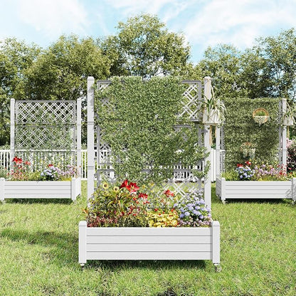 Fancyango Raised Garden Bed with Wheels 61.2" Hx2 -Ashen | Resin Elevated Garden Planter Box with Trellis, Outdoor Planter Box for Veggies Herbs Patio Balcony Backyard