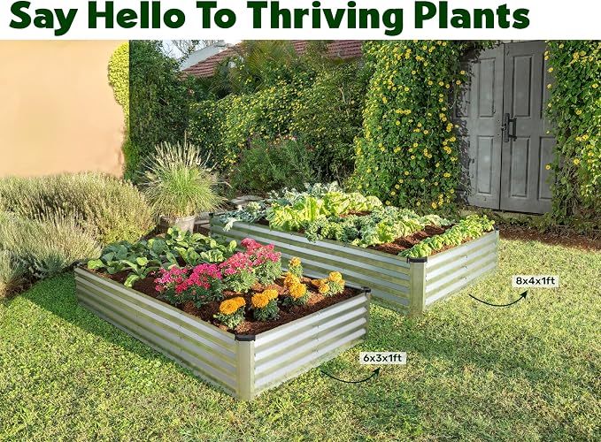 Plant & Plot Galvanized Raised Garden Beds Outdoor // 6×3×1 ft Planter Raised Beds for Gardening, Vegetables, Flowers // Large Metal Garden Box (Silver) // Patented Tool-Free Design