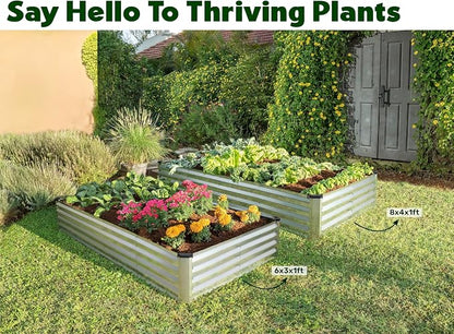 Plant & Plot Galvanized Raised Garden Beds Outdoor // 6×3×1 ft Planter Raised Beds for Gardening, Vegetables, Flowers // Large Metal Garden Box (Silver) // Patented Tool-Free Design