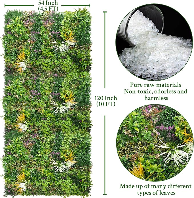 ODTORY Artificial Greenery Grass Wall Panels: 54'' x 120''(45 SQFT) | UV-Anti, Faux Ivy Privacy Fence Screen, Boxwood Backdrop, Vine Leaf Hedges Roll, Patio/Balcony/Garden/Backyard, Green Decor