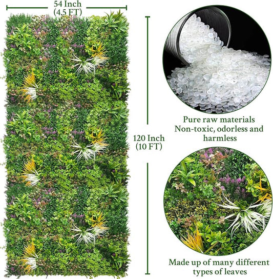 ODTORY Artificial Greenery Grass Wall Panels: 54'' x 120''(45 SQFT) | UV-Anti, Faux Ivy Privacy Fence Screen, Boxwood Backdrop, Vine Leaf Hedges Roll, Patio/Balcony/Garden/Backyard, Green Decor