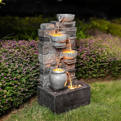 Teamson Home 28.5" Outdoor 4-Tier Stacked Stone Cascading Water Fountain with LED Lights, Gray | LED Lights, Faux Stacked Stone Look, Weather-Resistant Polyresin, Waterfall Decor for Garden, Patio, Backyard