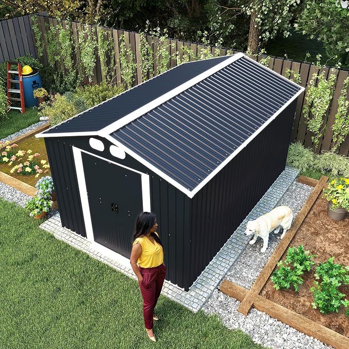 YOPTO 8x12 FT Outdoor Storage Shed, Metal Garden Shed with Window, Lockable Door & Sloped Roof, Large Waterproof Utility Tool Shed for Backyard, Garden, Patio, Lawn, Dark Gray