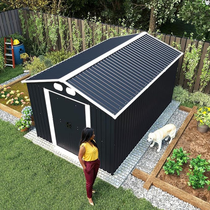 YOPTO 8x12 FT Outdoor Storage Shed, Metal Garden Shed with Window, Lockable Door & Sloped Roof, Large Waterproof Utility Tool Shed for Backyard, Garden, Patio, Lawn, Dark Gray