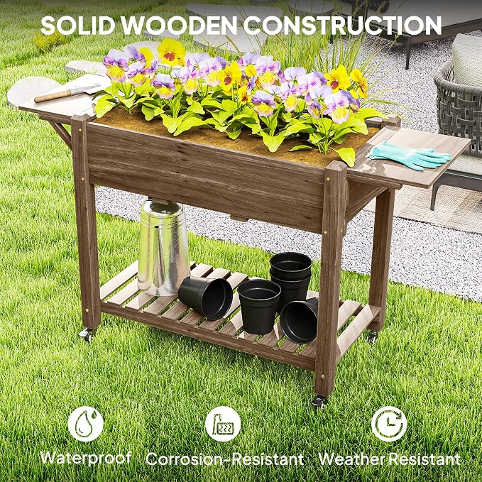 Outsunny Raised Garden Bed, 57 x 20.5 x 34 in Wood Elevated Planter Box with Lockable Wheels, Side Tables and Bottom Shelf, Outdoor Raised Planter with Bed Liner and Drainage Holes, Carbonized