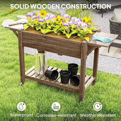 Outsunny Raised Garden Bed, 57 x 20.5 x 34 in Wood Elevated Planter Box with Lockable Wheels, Side Tables and Bottom Shelf, Outdoor Raised Planter with Bed Liner and Drainage Holes, Carbonized