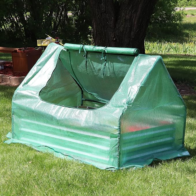 Sunnydaze Steel Raised Garden Bed with Mini Greenhouse - Outdoor Greenhouse Kit - 2 Zippered Doors - Green - 4' x 3'