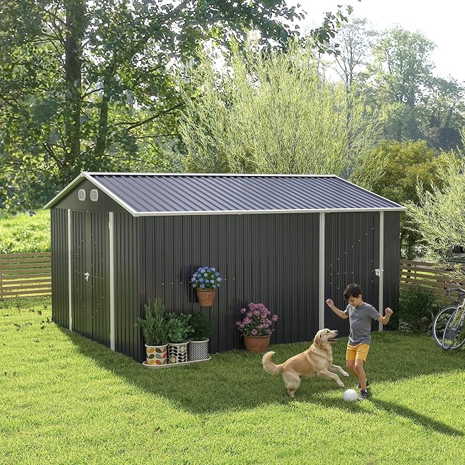 YOPTO 12X10 FT Metal Outdoor Storage Shed W/Flower Pot Stand,Dark Gray | 3 Lockable Doors,Air Vent,Sloped Roof,Reinforced Structure,Waterproof Outdoor Shed for Garden,Patio,Backyard,Lawn