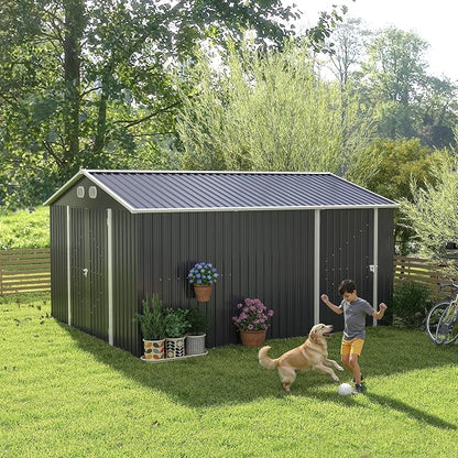 YOPTO 12X10 FT Metal Outdoor Storage Shed W/Flower Pot Stand,Dark Gray | 3 Lockable Doors,Air Vent,Sloped Roof,Reinforced Structure,Waterproof Outdoor Shed for Garden,Patio,Backyard,Lawn