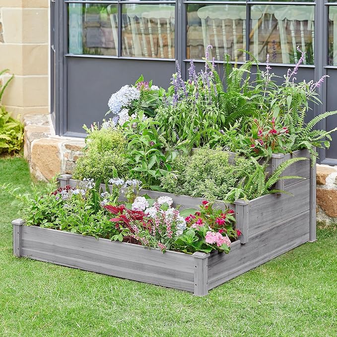 Topeakmart 3 Tier Raised Garden Bed Wood Garden Box Wooden Vegetables/Flower/Herb Elevated Garden Planter Boxes Outdoor, Gray