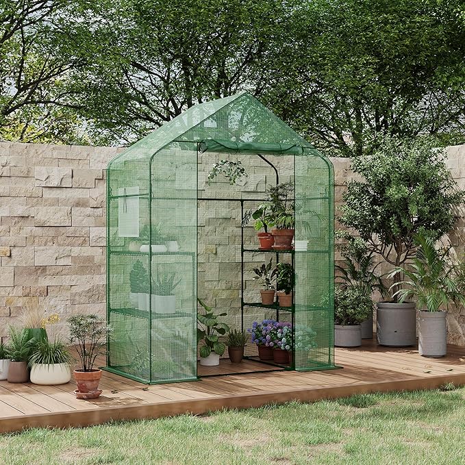 Garvee 57X29x77-Inch Greenhouse, Transparent Mini Walk-in Green House with PE Cover and Anchor, Plant Garden Hot House 3 Tiers 4 Shelves for Indoor Backyard Outside