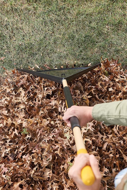 True Temper 20212010 Clog Free Leaf Rake with Hardwood/Steel Handle, 24 in. for Leaves, Grass, Clippings, Twigs, Pine Needles, Acorns, Debris, Black
