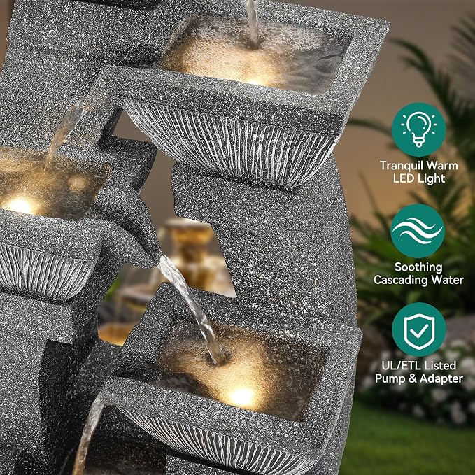 40.5" Outdoor Fountain LED 4-Bowl Cascading Waterfall, Gray | 4-pillar slate style, garden patio backyard porch