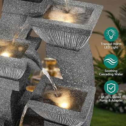 40.5" Outdoor Fountain LED 4-Bowl Cascading Waterfall, Gray | 4-pillar slate style, garden patio backyard porch