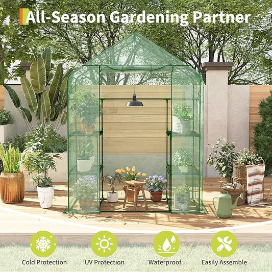 Garvee 57X29x77-Inch Greenhouse, Transparent Mini Walk-in Green House with PE Cover and Anchor, Plant Garden Hot House 3 Tiers 4 Shelves for Indoor Backyard Outside