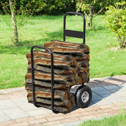 Firewood Carrier – Rolling Storage Cart for Logs with 2 Wheels and Heavy-Duty Steel Frame – Wood Rack and Log Hauler (Black)