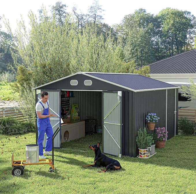 YOPTO 12X10 FT Metal Outdoor Storage Shed W/Flower Pot Stand,Dark Gray | 3 Lockable Doors,Air Vent,Sloped Roof,Reinforced Structure,Waterproof Outdoor Shed for Garden,Patio,Backyard,Lawn