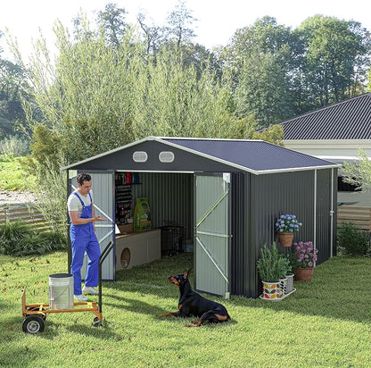 YOPTO 12X10 FT Metal Outdoor Storage Shed W/Flower Pot Stand,Dark Gray | 3 Lockable Doors,Air Vent,Sloped Roof,Reinforced Structure,Waterproof Outdoor Shed for Garden,Patio,Backyard,Lawn
