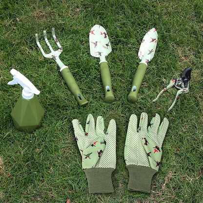 Garden Tool Set with Hummingbird Print, Heavy Duty Gardening Hand Tools with Garden Tool Bag,Gardening Gifts for Women&Men,Green