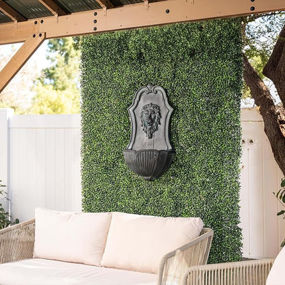 XBrand 29.9" Solar-Powered Wall-Mounted Lion Head Fountain, Resin, Outdoor, Gray