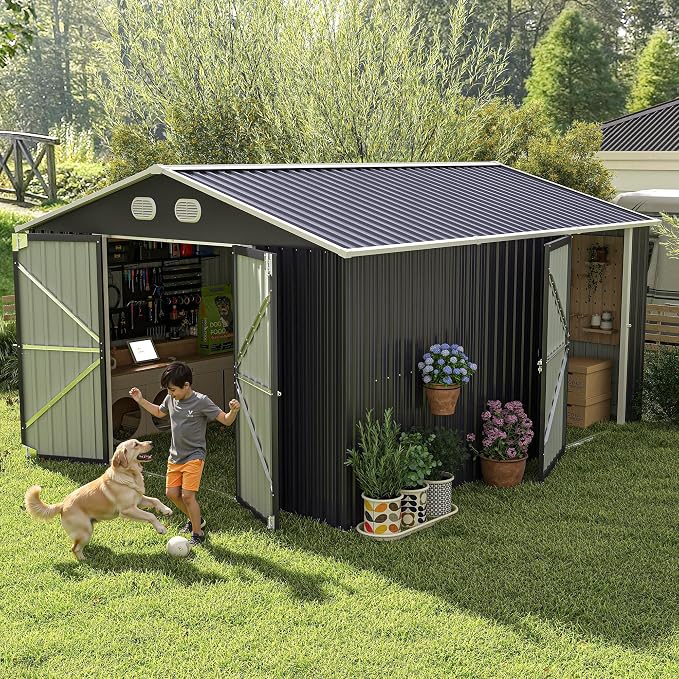YOPTO 12X10 FT Metal Outdoor Storage Shed W/Flower Pot Stand,Dark Gray | 3 Lockable Doors,Air Vent,Sloped Roof,Reinforced Structure,Waterproof Outdoor Shed for Garden,Patio,Backyard,Lawn