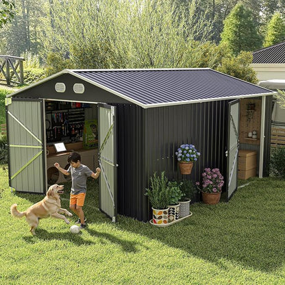 YOPTO 12X10 FT Metal Outdoor Storage Shed W/Flower Pot Stand,Dark Gray | 3 Lockable Doors,Air Vent,Sloped Roof,Reinforced Structure,Waterproof Outdoor Shed for Garden,Patio,Backyard,Lawn