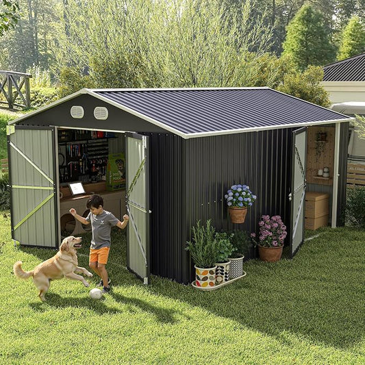 YOPTO 12X10 FT Metal Outdoor Storage Shed W/Flower Pot Stand,Dark Gray | 3 Lockable Doors,Air Vent,Sloped Roof,Reinforced Structure,Waterproof Outdoor Shed for Garden,Patio,Backyard,Lawn