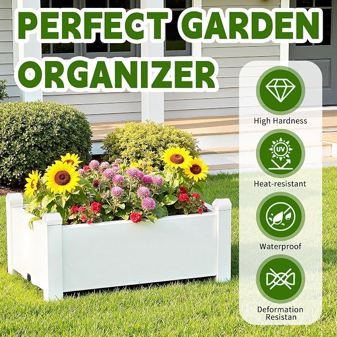 PatioZen 14 Gallon Raised Garden Bed, Self-Watering Raised Planter Box with Drainage Plug & Gauge for Vegetables Flowers Herbs Succulents, Rustproof Resin for Backyard Patio Porch (Ashen)