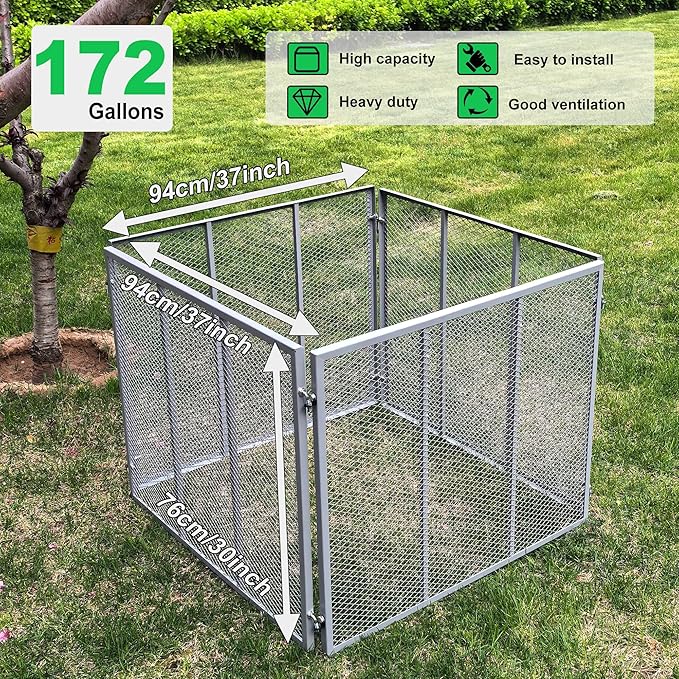 Large Compost Bin Outdoor - Metal Wire Mesh Compost Bins with Rust-Proof Coating, Easy to Assemble Square Garden Compost Bin for Yard Waste, Leaves & Kitchen Scraps 37x37x30 Inches Gray