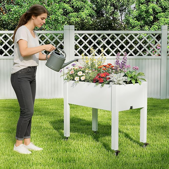 Elevated 26.3" Tall Raised Garden Bed with Wheels - Outdoor Mobile Resin Planter Box with Drainage Holes for Vegetables Flower Herbs, Weather Resistant, Medium Ashen (26.3" h)