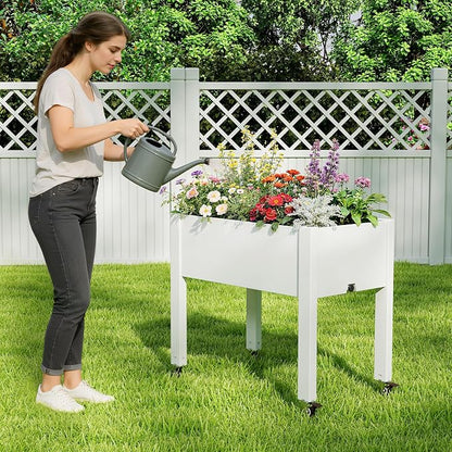 Elevated Raised Garden Bed with Wheels,Planter Box,Ashen-26.3" h | Resin Planter Box with Drainage Holes, Water Monitor, Wheels for Garden Patio Backyard