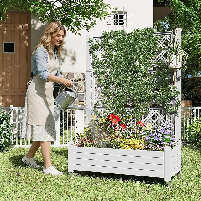 Fancyango Raised Garden Bed with Wheels 61.2" H -Ashen | Resin Elevated Garden Planter Box with Trellis, Outdoor Planter Box for Veggies Herbs Patio Balcony Backyard