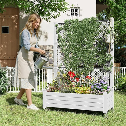 Fancyango Raised Garden Bed with Wheels 61.2" H -Ashen | Resin Elevated Garden Planter Box with Trellis, Outdoor Planter Box for Veggies Herbs Patio Balcony Backyard