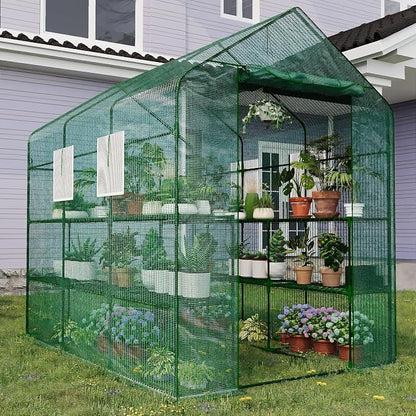 Greenhouse, 57 x 85 x 77'' Greenhouses for Outdoors, with Mesh Side Windows, PE Cover, 8 Shelves, Heavy Duty Walk in Green House for Backyard Garden Indoor, Green