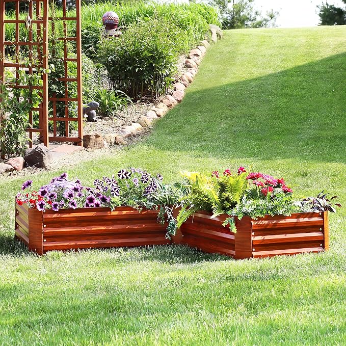 Sunnydaze Galvanized Raised Garden Bed Kit - 5x5x1 ft Outdoor Raised Garden Bed - Metal Planter Box for Vegetables, Flowers, Herbs - Woodgrain - L-Shaped
