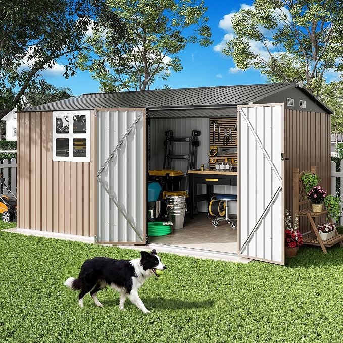 IRONCK 10x12 FT Storage Shed with Clear Window, Outdoor Tool Shed with Lockable Doors and Breathable Ventilation, Metal Garden Storage with 9.8x11.5 FT Base for Generators/Bikes/Wheelbarrows, Brown