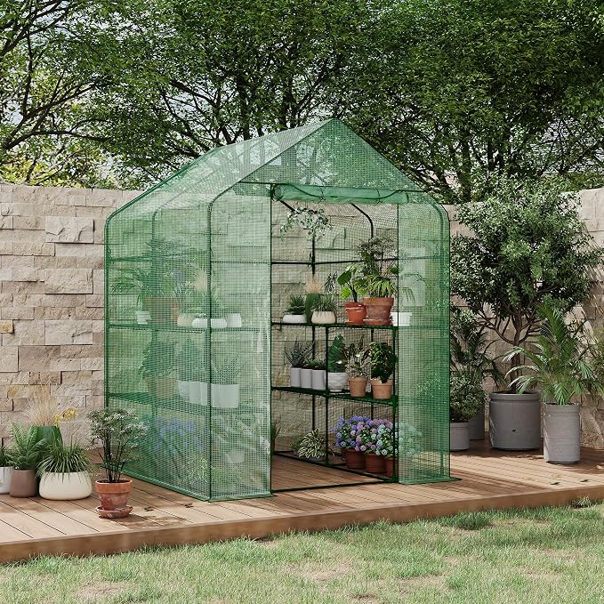 Garvee 57X29x77-Inch Greenhouse, Transparent Mini Walk-in Green House with PE Cover and Anchor, Plant Garden Hot House 3 Tiers 4 Shelves for Indoor Backyard Outside