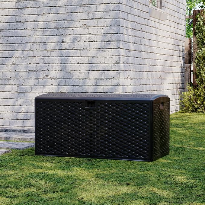 99 Gallon Waterproof Large Resin Deck Box Indoor Outdoor, Lockable Storage Container for Patio Furniture Cushions, Throw Pillows, Garden Tools, and Pool Floats, Black