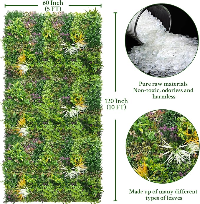 ODTORY Artificial Greenery Grass Wall Panels: 60'' x 120''(50 SQFT) | UV-Anti, Faux Ivy Privacy Fence Screen, Boxwood Backdrop, Vine Leaf Hedges Roll, Patio/Balcony/Garden/Backyard, Green Decor
